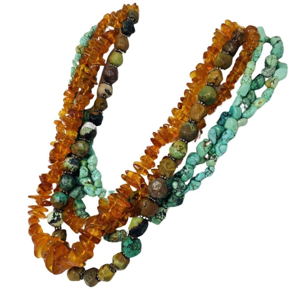 M Salazar 925 Sterling Silver Amber Turquoise Multistrand Statement Necklace 19" - Picture 11 of 16